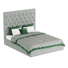 Gray Bed With A High Quilted Headboard And Gray-white Linen With A Green Fringing On A White Background. 3d Rendering