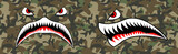 Flying Tiger Shark for T-shirt design. Trendy element for silkscreen clothing. Mouth Tiger Shark for merch and clothing. Trendy mouth and seamless camouflage pattern. Vector illustration for hood.