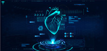 Modern Medical Cardiology Technology. Medical Interface For Monitoring The Scanning And Analysis Of Heart Disease. Healthcare Concept. Hologram Heart With Interface, Ultrasound And Cardiogram. Vector