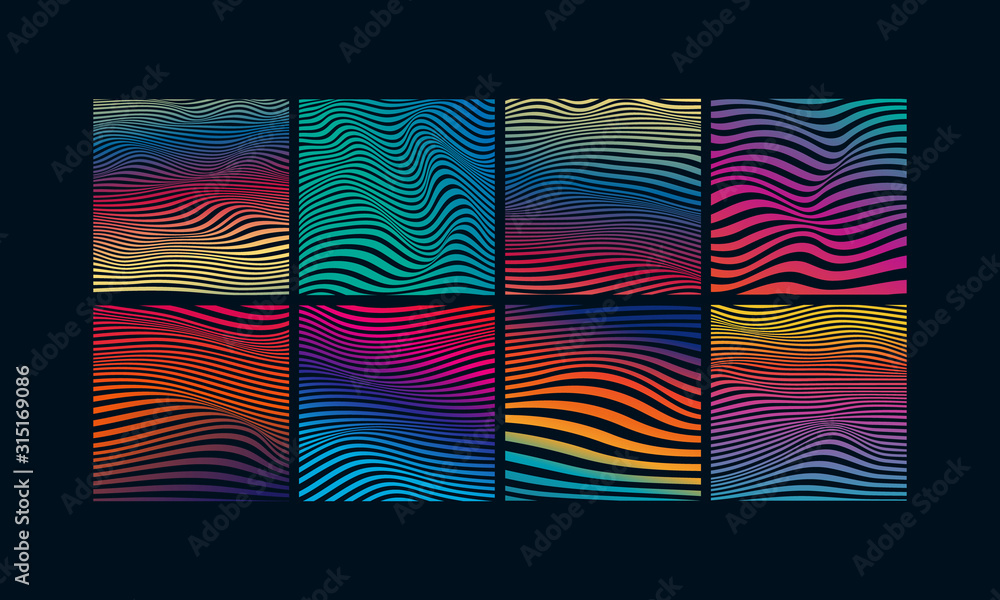 Set of abstract optical art background. Colorful gradient wave stripes isolated. Vector illustration - obrazy, fototapety, plakaty 