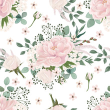 Beautiful Colorful  Seamless Pattern  With  Peony Flowers. Vector Illustration. EPS 10