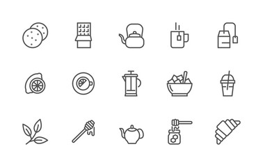 Simple set of tea and breakfast related vector linear icons. Contains icons such as: Tea, Chocolate, Lemon, Sugar, Twig, Honey, Croissant, Cup, Capuccino, Coffe. 48x48 Pixel Perfect. Editable Stroke.