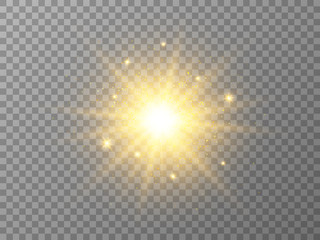 Poster - Gold glowing star with particles on transparent backdrop. Magic light effect with stardust. Bright yellow energy flash. Golden explosion with glitter. Vector illustration