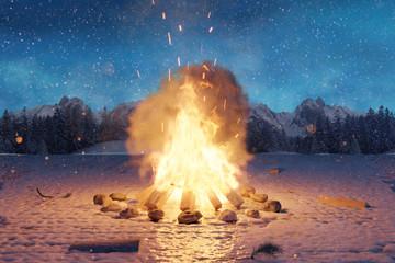 Wall Mural - 3d rendering of big bonfire with sparks and particles on snowy ground