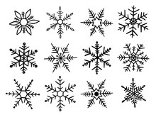 Set Blue Snowflakes. Food Freezing Concept. Snowflake Doodle Style For Winter Design. Collection Hand Drawn Snowflakes Isolated On Whit Background. Snowflake Icon Painted. Vector Illustration