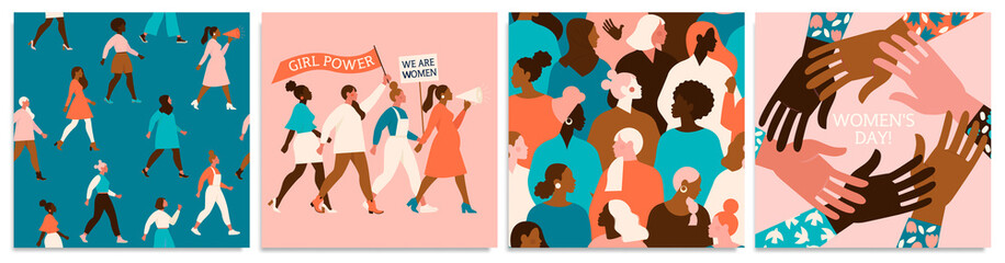 Set of vector illusttation. 8 march, International Womens Day. Feminism concept design. Vector templates for card, poster, flyer and other users.