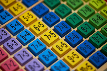 Multiplication table . Macro mode. Colored wooden cubes. Teaching children math and numeracy. Mental math.
