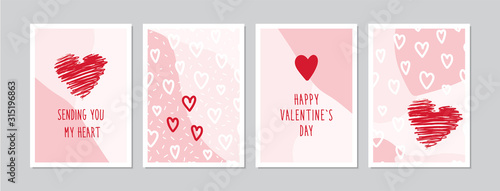 Fotomural Valentine`s Day cards set with hand drawn hearts
