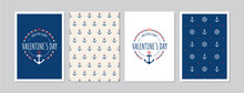 Valentine`s Day Cards Set With Hand Drawn Elements In Maritime Look. Doodles And Sketches Vector Vintage Illustrations, DIN A6.