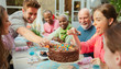 © Robert Daly/Caia Image - Family reaching for candy on chocolate birthday cake at patio table