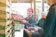 © Agnieszka Olek/Caia Image - Smiling male worker carrying box of apples in food processing plant