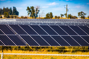 A wide view of photovoltaic, PV, solar panels at a renewable energy farm in rural Saskatchewan, Canada. Selective focus with many rows in distance.