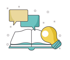 Poster - book with speech bubbles and light bulb, colorful design