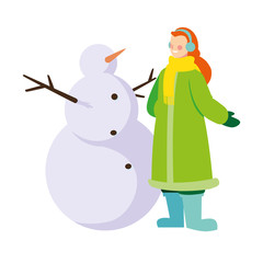 Wall Mural - woman with snowman on white background