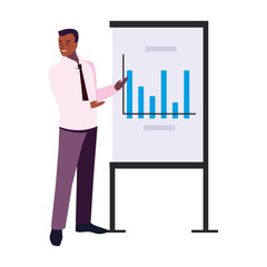 businessman standing with graphs on white background