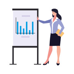 Wall Mural - businesswoman standing with graphs on white background