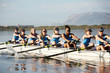 © Richard Johnson/Caia Image - Female rowers rowing scull on sunny lake