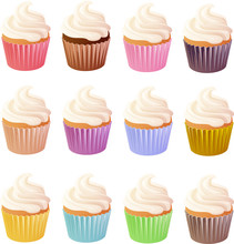 Vector Illustration Of Various Cupcakes With Vanilla Icing Isolated On White Background.