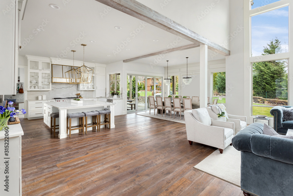 Kitchen and living room in stunning new luxury home with open concept ...