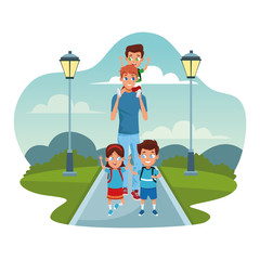 Sticker - Happy kids and man walking in the park over street lamps and white background, colorful design