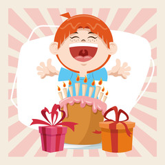 Wall Mural - happy birthday celebration party smiling boy with sweet cake and gifts boxes