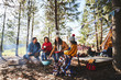 © Trevor Adeline/Caia Image - Family cooking at campsite grill in sunny woods