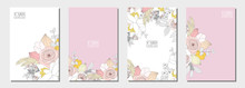 Set Of Card Template With Pastel Flowers Bouquet On White And Pink Background