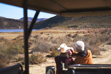 Senior Couple On Safari Watching Zebras In Distance South Africa