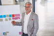 © Ryan Lees/Caia Image - Smiling businessman leading meeting at flipchart with adhesive notes