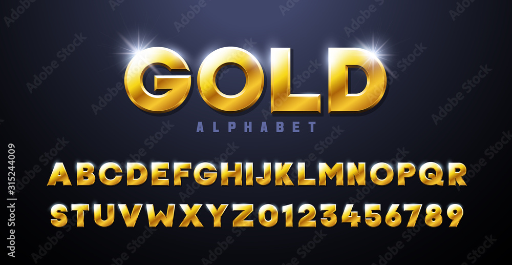Gold Alphabet. Golden font 3d effect typography elements based on casinos, games, award and winning related subjects. Mettalic luxury and premium three dimensional typeface - obrazy, fototapety, plakaty 