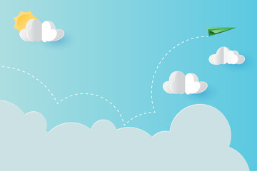 Aufkleber - Paper plane flying on blue sky landing page template background.Paper art of business concept vector illustration.