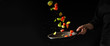 Banner. Seafood, roasting red fish by the chef, salmon or trout, tuna, pink salmon with vegetables, Brussels sprouts. Freezing in motion. Recipe book, cooking, gastronomy, restaurant service