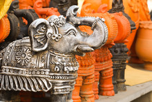 Grey Colored Statue Of Elephant In Group With Trunks India Asia Artwork