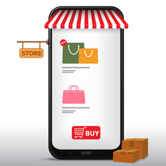 Online Shopping on Mobile Phone and Application Vector Illustration. E-Commerce and Digital Marketing Concept.