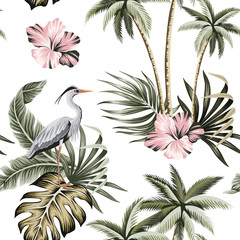 Tropical vintage hibiscus flower, palm tree, palm leaves, heron bird floral seamless pattern white background. Exotic jungle Hawaiian wallpaper.