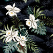 Tropical vintage night white orchid flower, palm leaves floral, island landscape seamless pattern black background. Exotic jungle wallpaper.