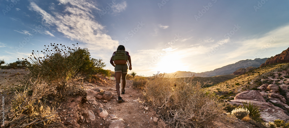 athletic african american woman hiking through red rock canyon in nevada at sunset - obrazy, fototapety, plakaty 