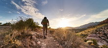 Athletic African American Woman Hiking Through Red Rock Canyon In Nevada At Sunset
