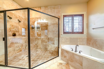 Modern luxury bathroom with glass shower cubicle