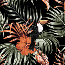 Tropical Vintage Botanical Palm Leaves, Toucan, Red Hibiscus Floral Seamless Pattern Black Background. Exotic Jungle Bird Wallpaper.