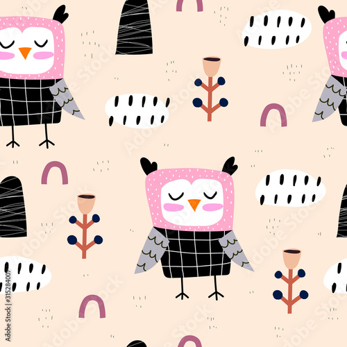 seamless-pattern-with-cartoon-owls-decor-elements-on-a-neutral-background-flat-style-colorful-vector-illustration-for-kids-hand-drawing-baby-design-for-fabric-textile-print-wrapper