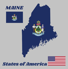 Map Outline And Flag Of Maine And The State Name. Obverse Of The Seal Of Virginia On An Azure Field.