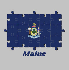 Wall Mural - Jigsaw puzzle of Maine flag and the state name. Maine coat of arms defacing blue field. Concept of Fulfillment.