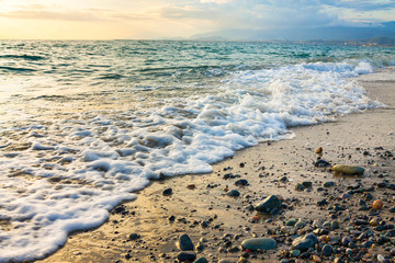 Canvas Print - sea landscape with a sunset. evening surf ocean. beautiful scenery with sunrise over sea panoramic view