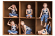 © kot500 - Cute blue-eyed child 3-4 years old plays.  Collage with different sincere, real emotions of a child. Dressed in Blue jeans. Child Playing inside paper box. big bash photo. Box session. Just playing a