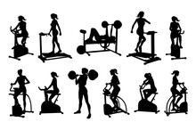 A Woman In Silhouette Using Pieces Of Gym Fitness Equipment And Machines Set
