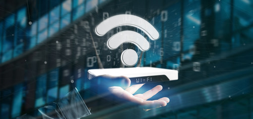 Wall Mural - businessman holding a wifi router and data - 3d rendering
