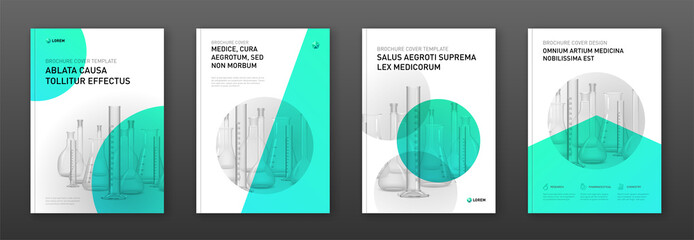 Wall Mural - Pharmaceutical brochure cover design layout set with flasks vector illustration. Good for medical annual report, laboratory catalog design, medicine cover page