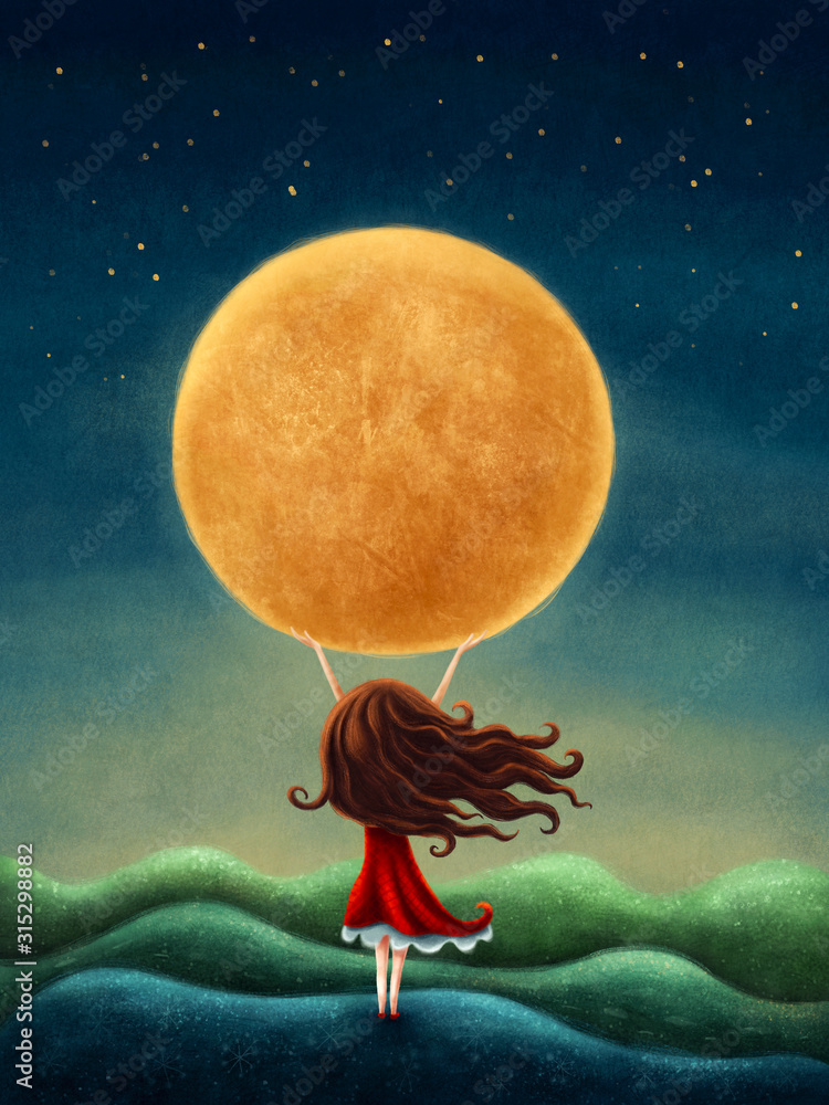 Little girl on the moon Stock Illustration | Adobe Stock