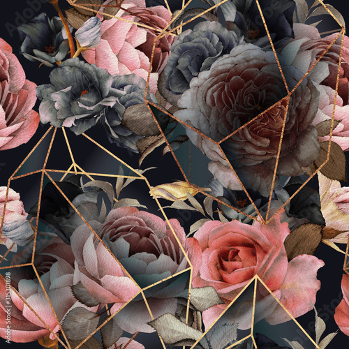 Fototapeta na wymiar Seamless floral pattern with flowers on dark background, watercolor. Template design for textiles, interior, clothes, wallpaper. The geometry of the crystal. Golden texture